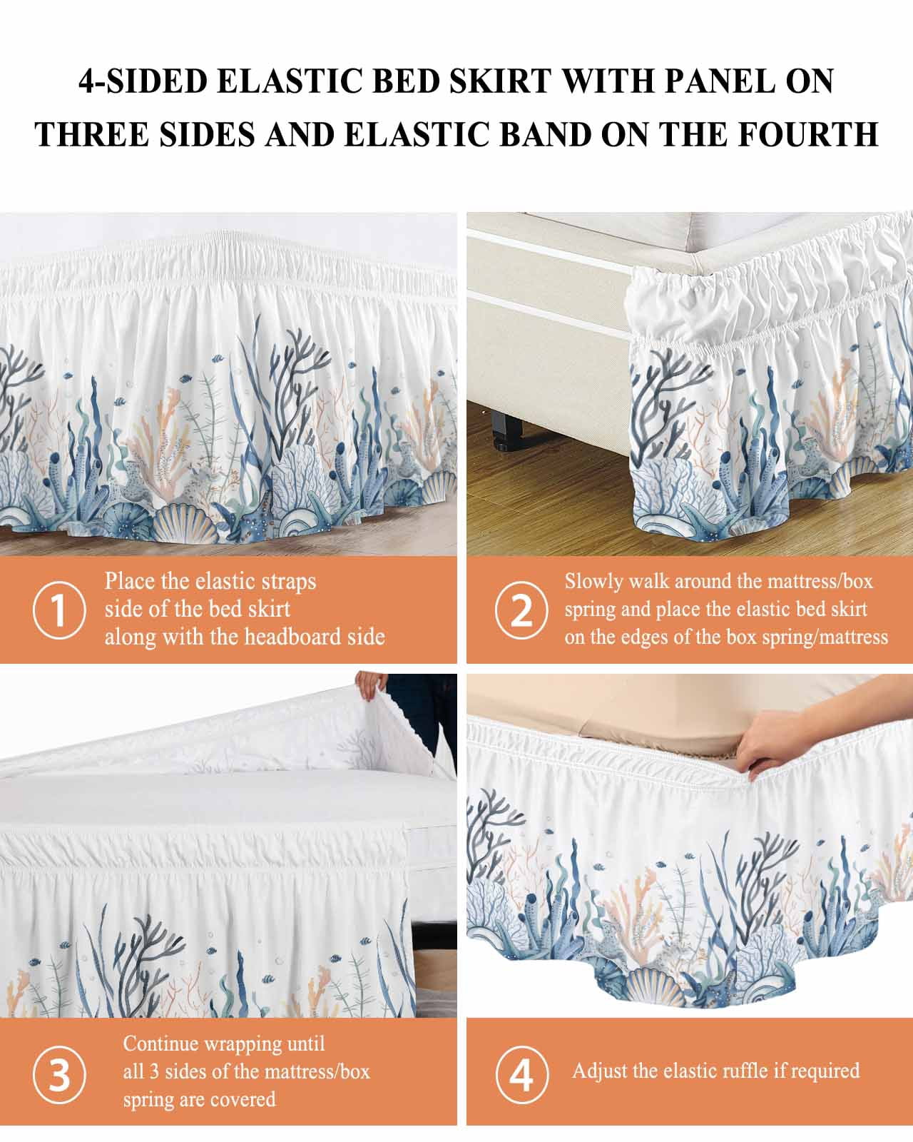 Summer Coastal Coral Wrap Around Bed Skirts for Queen Bed 16" Drop, Bed Skirt with Adjustable Elastic Belt Dust Ruffle Bed Valance for Bedroom Hotel Luxury Blue Ocean Conch Shell Blue Bed Frame Cover