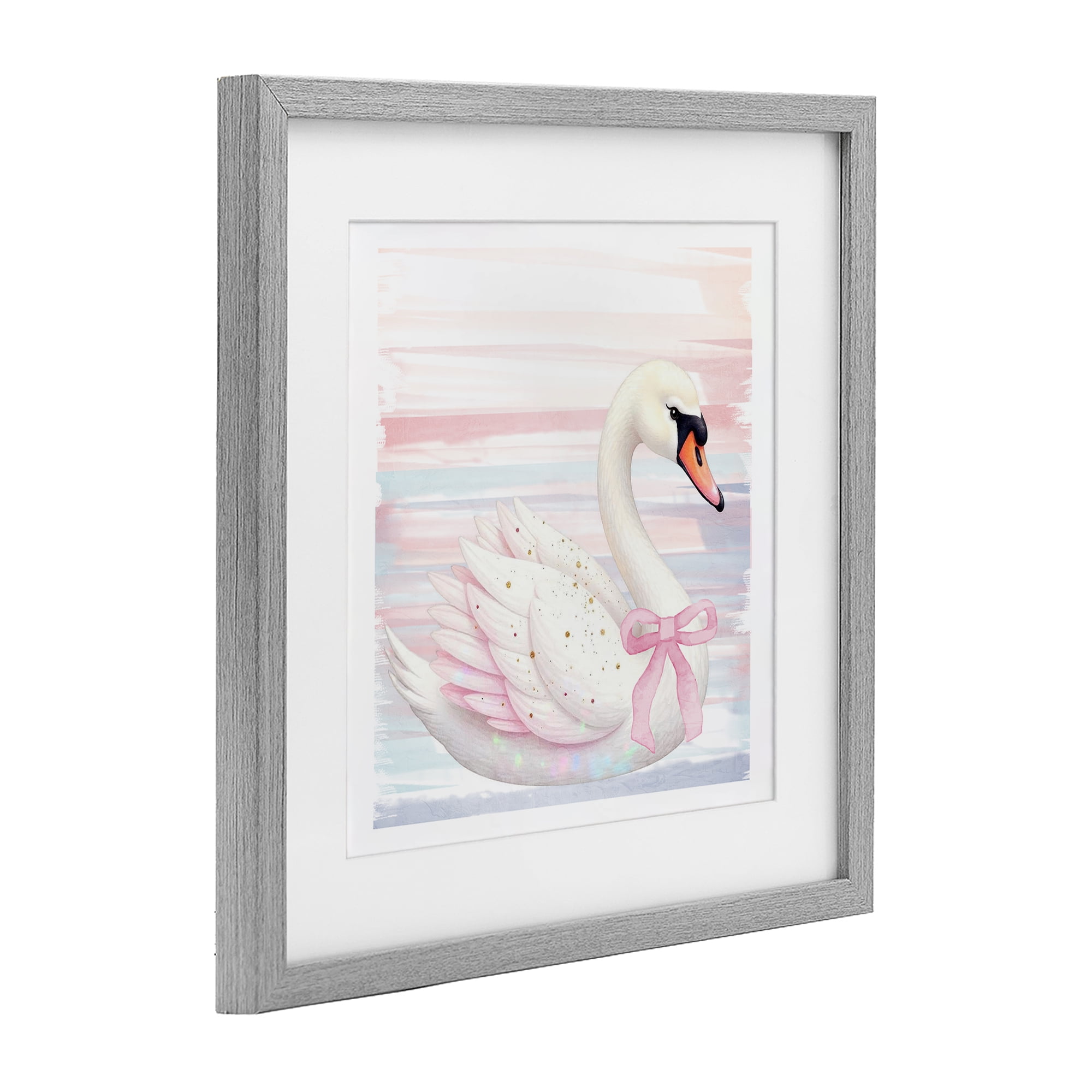 Pink Swan with Ribbon Gray Framed Print Under Glass, design by Kim Allen