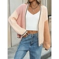 thumbnail image 5 of Women'S Color Block Open Front Cardigan Contrast Striped Chunky Cardigan Sweater Outerwear Coat Pink M, 5 of 9