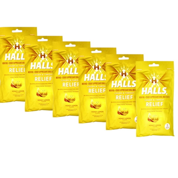 Halls Triple Soothing Action Cough Drops, Honey Lemon 30 Each (Pack of 6)