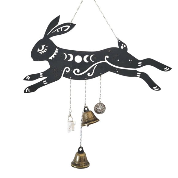 REK Wooden Wind Chime : Mystical Bird With Celestial Moon & Brass Bells Hanging Chain – Perfect For Bohemian Home Garden Patio Porch Indoor Outdoor Wall Art Unique For