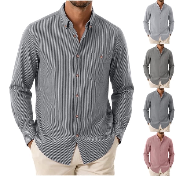 Men's Pinstripe Button down Shirt with Pocket - Long Sleeve Lapel Collar Top, Retro Button for Smart Casual Work and Weekend Outings