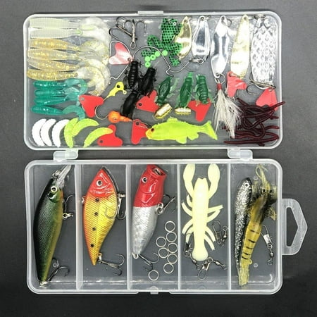 Elegantoss Fishing Lures Kit Set to Catch Bass, Trout, Salmon. Includes Crank Bait, Jigs, Soft Plastic Worms, Spoon & Other Lures in Plastic Box