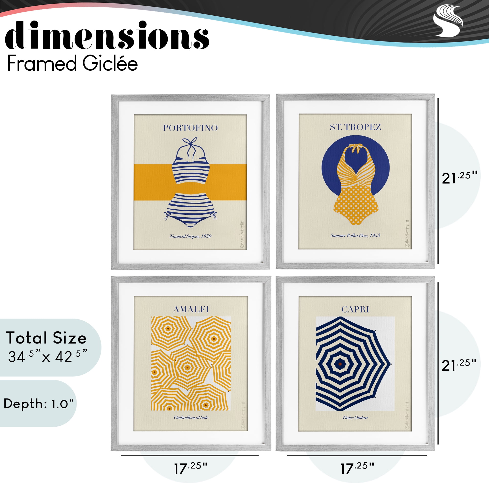 Stupell Industries Retro Beach Vacation Elements 4 Piece Gray Framed Print Under Glass Set, design by A Barefoot Stylist