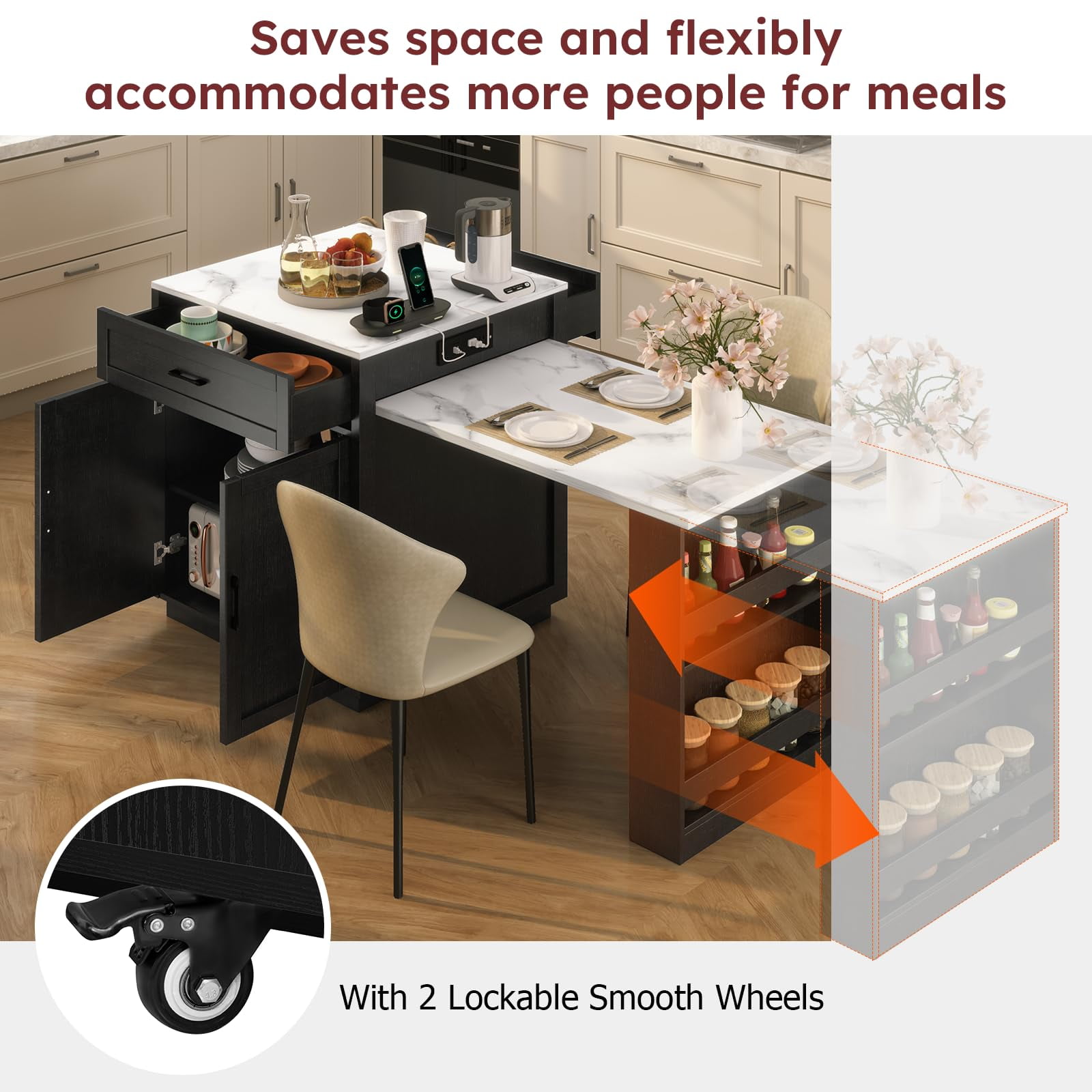 ZIVACATE 82.7"L Expandable Retractable Kitchen Island for 4-6 Person, Faux Marble Top Kitchen Island with Storage Built-in Power Outlet, Black