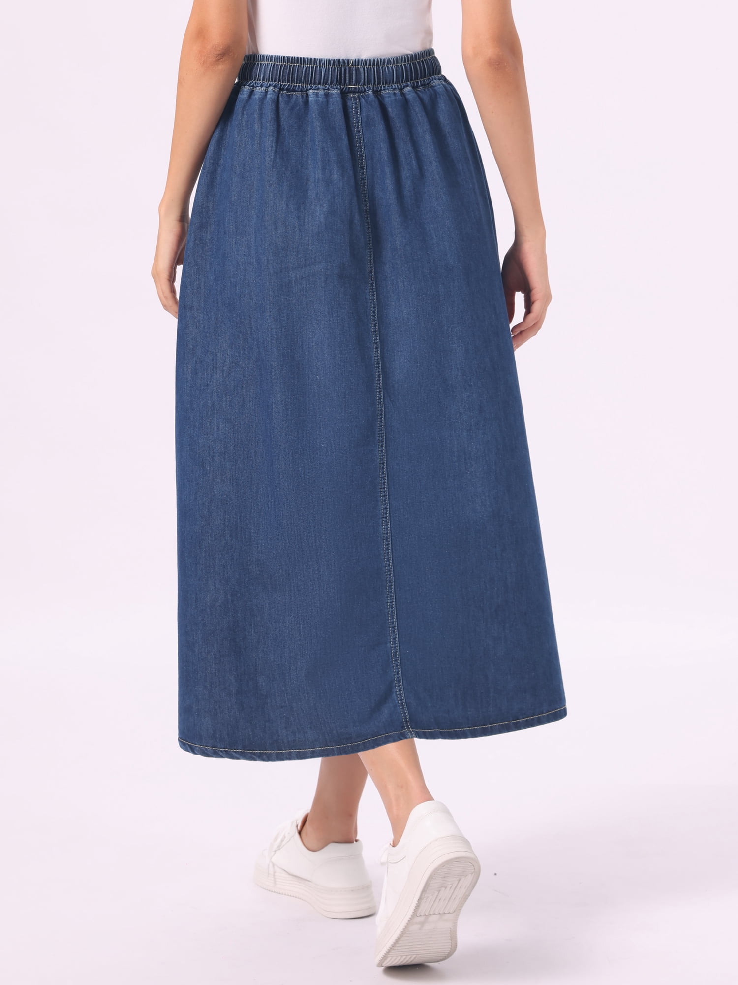 DARING DIVA Women's Comfortable Elastic Waist A Line Long Length Jean Skirts XS Dark Blue