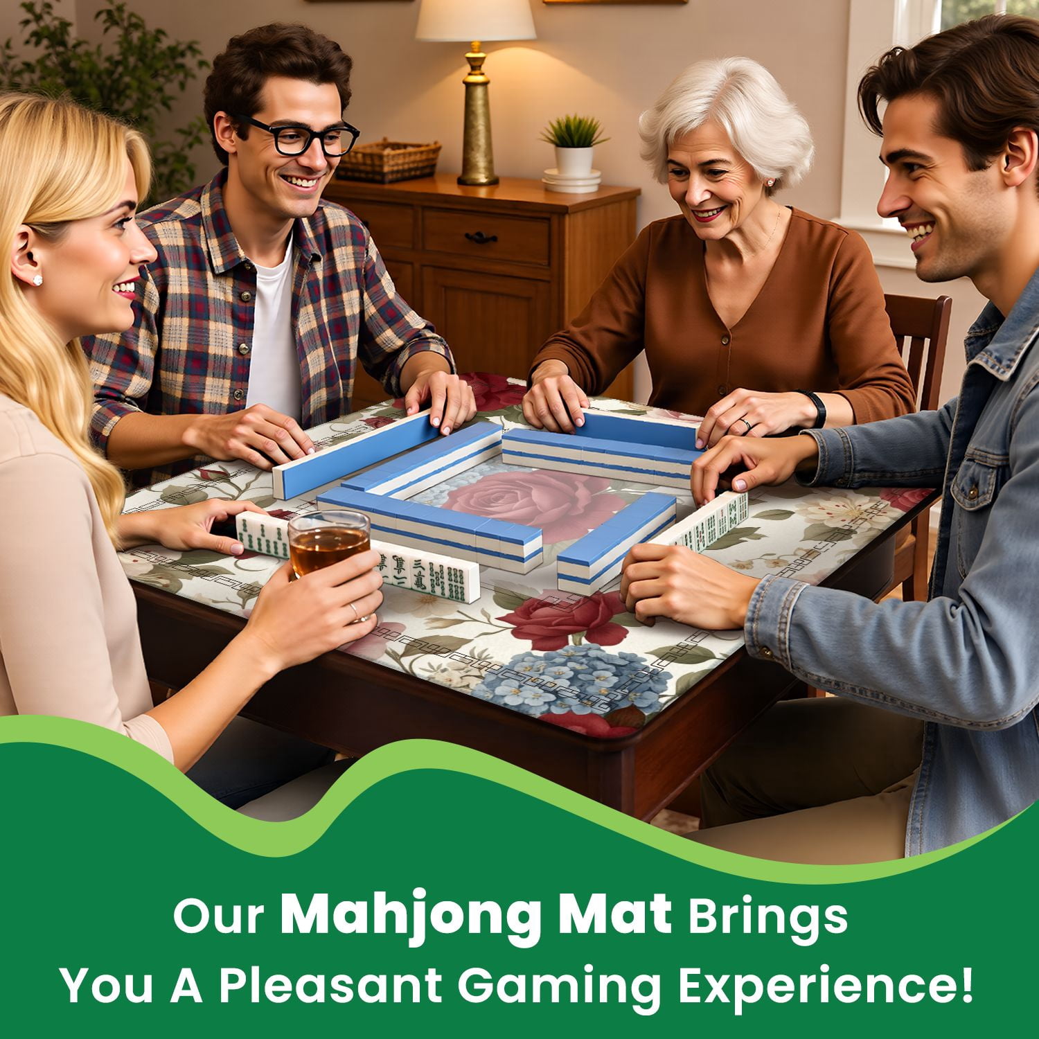 Mahjong Mat 31.5" x 31.5" Intricate Floral seamless red roses plumeria Flower Illuatration Non-Slip Noise Reduction American Mahjong Tiles Table Cover for Dominoes Poker Card Board Games Gift