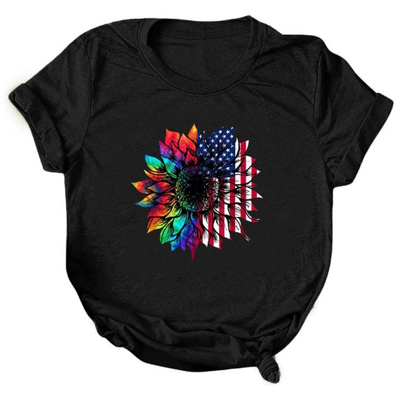 IROINNID July 4th Tops for Women Round Neck T-Shirt Casual Loose Tops Blouse Short Sleeve Tops America Independence Day