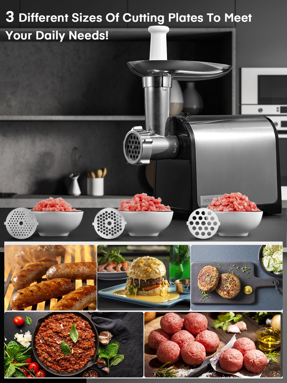 Meat Grinder Electric, 3 Grinding Plates & 2 Blades, [3000W Max]3-IN-1 Stainless Steel Food Grinder & Sausage Stuffer