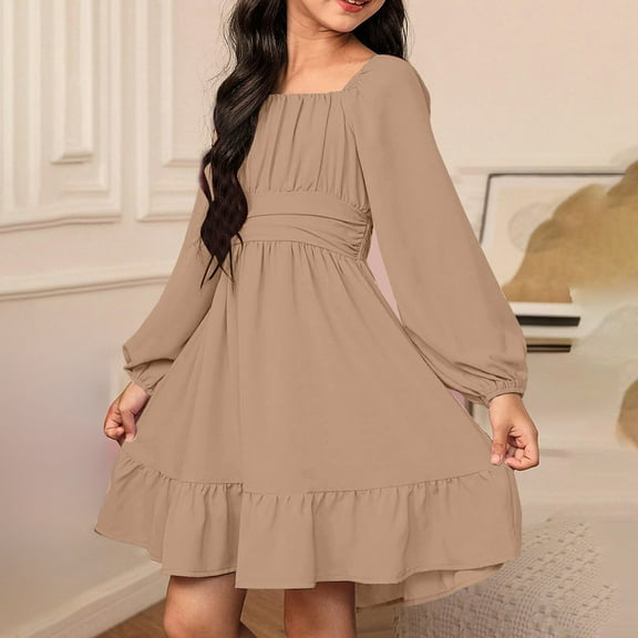 Dresses for Kids Khaki Long Sleeve Girls Fall Dresses Girls Wedding Guest Dress Girls Dresses Size 6-7 Years