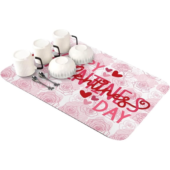 Valentines Floral Dish Drying Mat for Kitchen Counter, Super Absorbent Quick Dry Coffee Bar Mat Pad Thin Diatomaceous Sink Mat Non Slip Dish Drainer Mat 23.5x15.5 Watercolor Pink Romantic Rose Flower