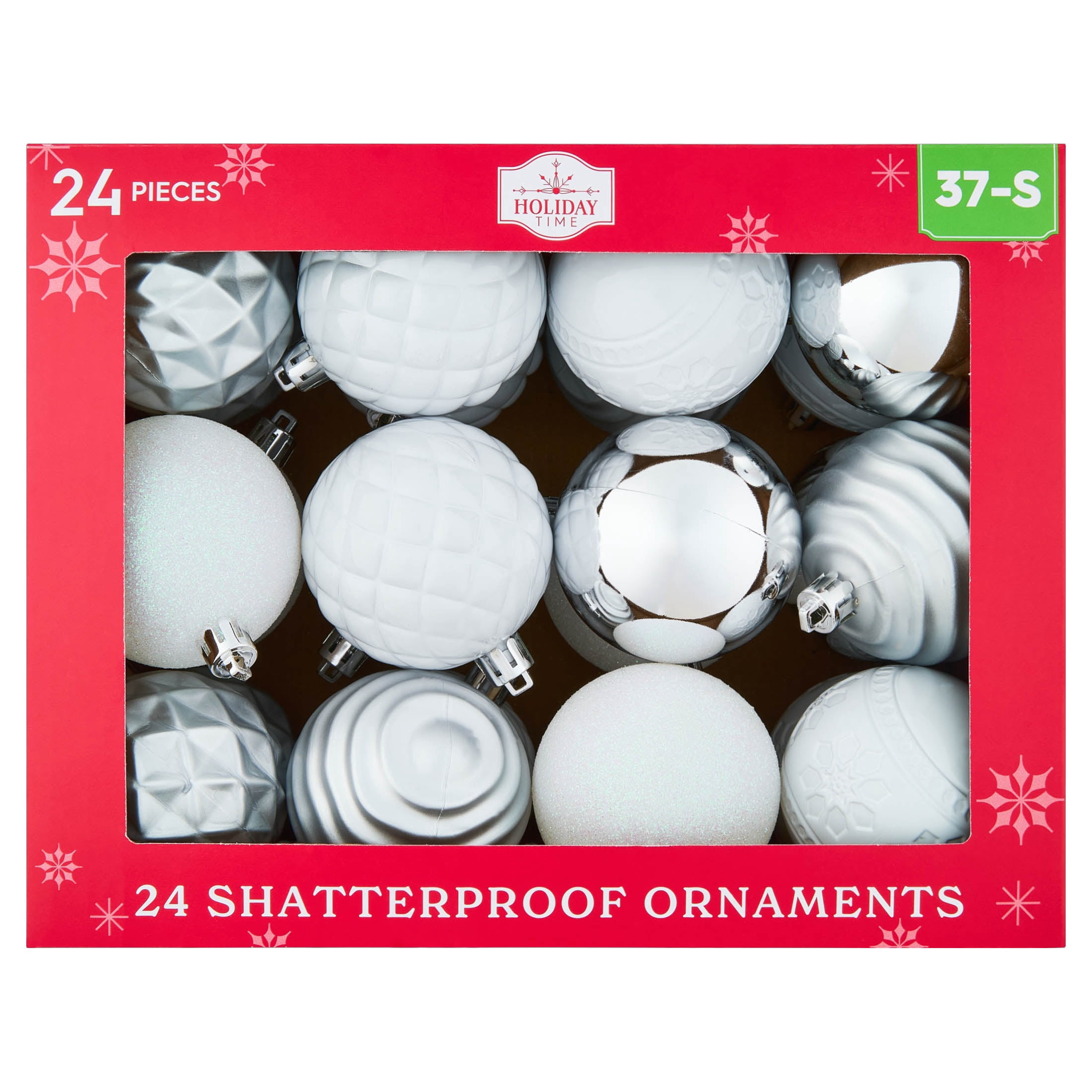 24-Count Silver and White Shatterproof Christmas Ornaments, 2.8", by Holiday Time