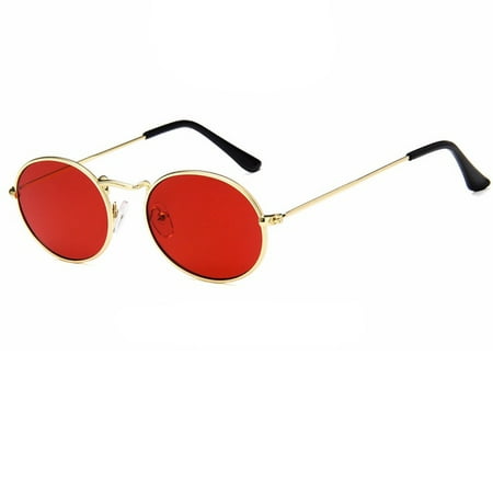Unisex Outdoor Retro Style Sun Glasses Stylish Metal Frame Oval Color Lens UV400 Sunglasses for Men Women Gold frame red