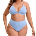 thumbnail image 5 of Agnes Orinda Women's Plus Size Bikini Set Ribbed Two Piece Bathing Swimsuits Halter Pearl Strap Triangle Top with High Waisted Shorts 3X Light Blue, 5 of 8