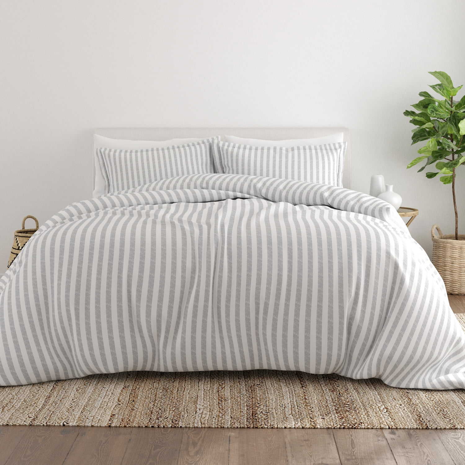 Noble Linens Light Gray Puffed Rugged Stripes Duvet Set 3-Piece Duvet ...