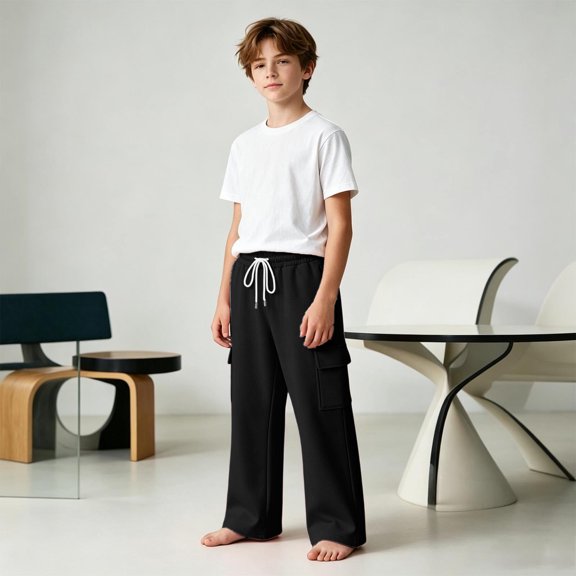 Angala Little Boys Sweatpants Athletic Pants Wide Leg With Pockets And Drawstring Fall Casual Boys Baggy Trousers Size 5-6 Years Black