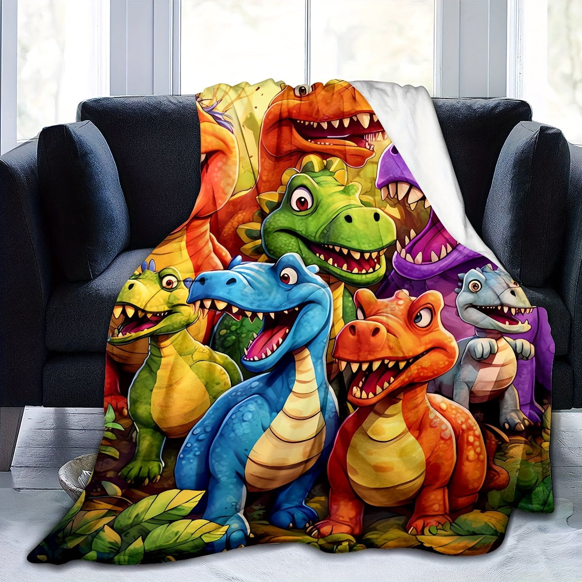 Soft & Cozy Cartoon Dinosaur Print Flannel Blanket - Vibrant, Warm, and Versatile for Office, Camping, Travel - Machine Washable, All-Season Gift, Perfect for Youngsters, Birthday, Party Favors, Surv