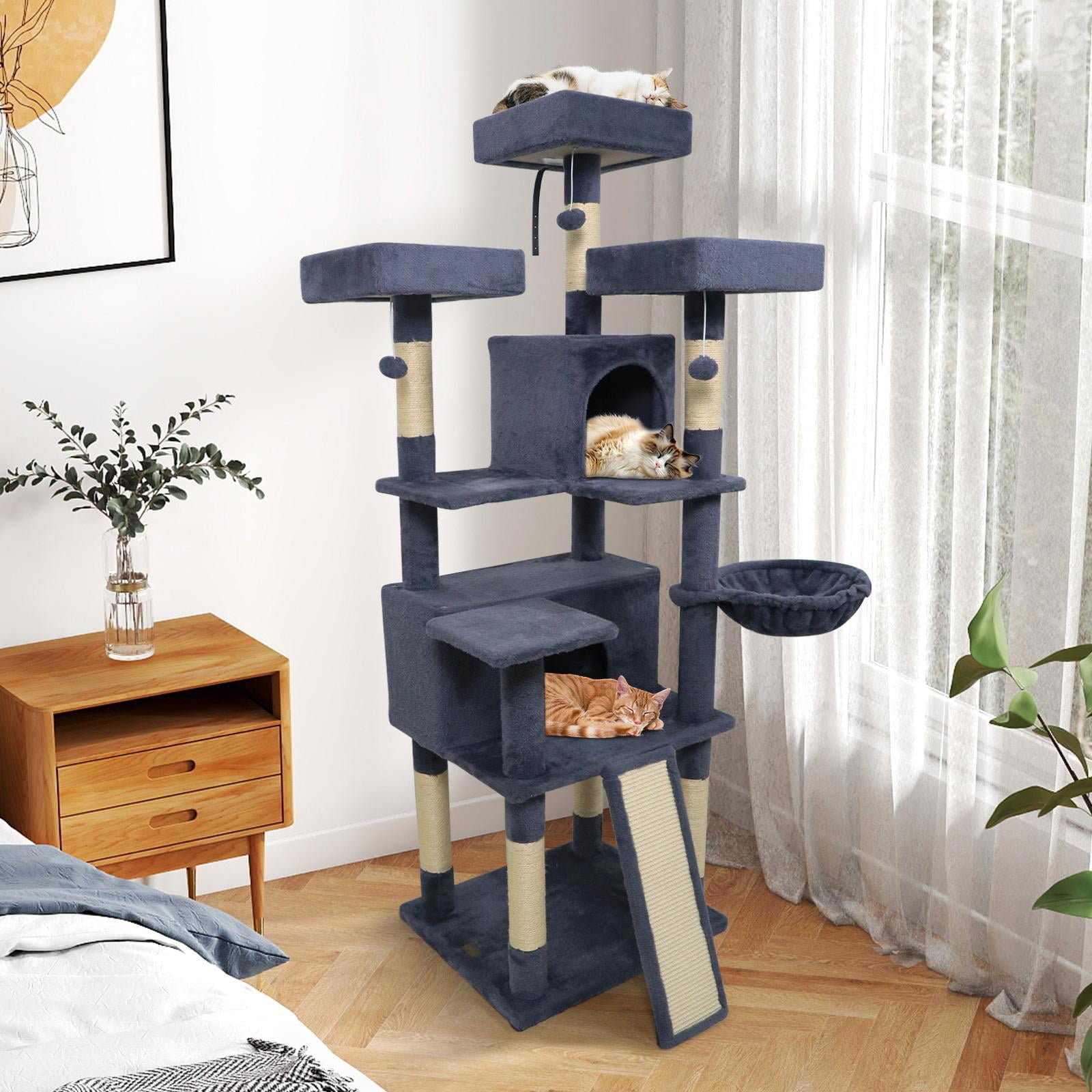 YYAo 65 Inch Tall Multi-level Cat Tower with 3 Upholstered Perch and 2 Cat Condos, Cat Tree for Indoor Cats, Cat Tree for Indoor Cats, Dark Gray