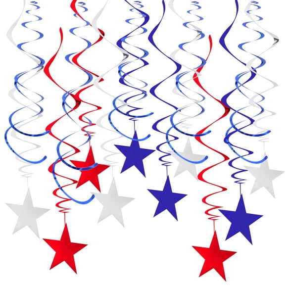 Shisuyan 30pcs Independence Day Decoration Star Dangling Spiral Ornaments Hanging Swirl Decoration for Party America National Day (Blue, Red and Silver)