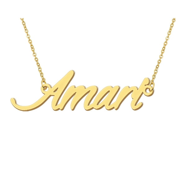 HUAN XUN 18k Gold Plated Amari Name Necklace Stainless Steel Nameplate Necklaces for Womens Mens Mother Day Christmas Jewelry Gift