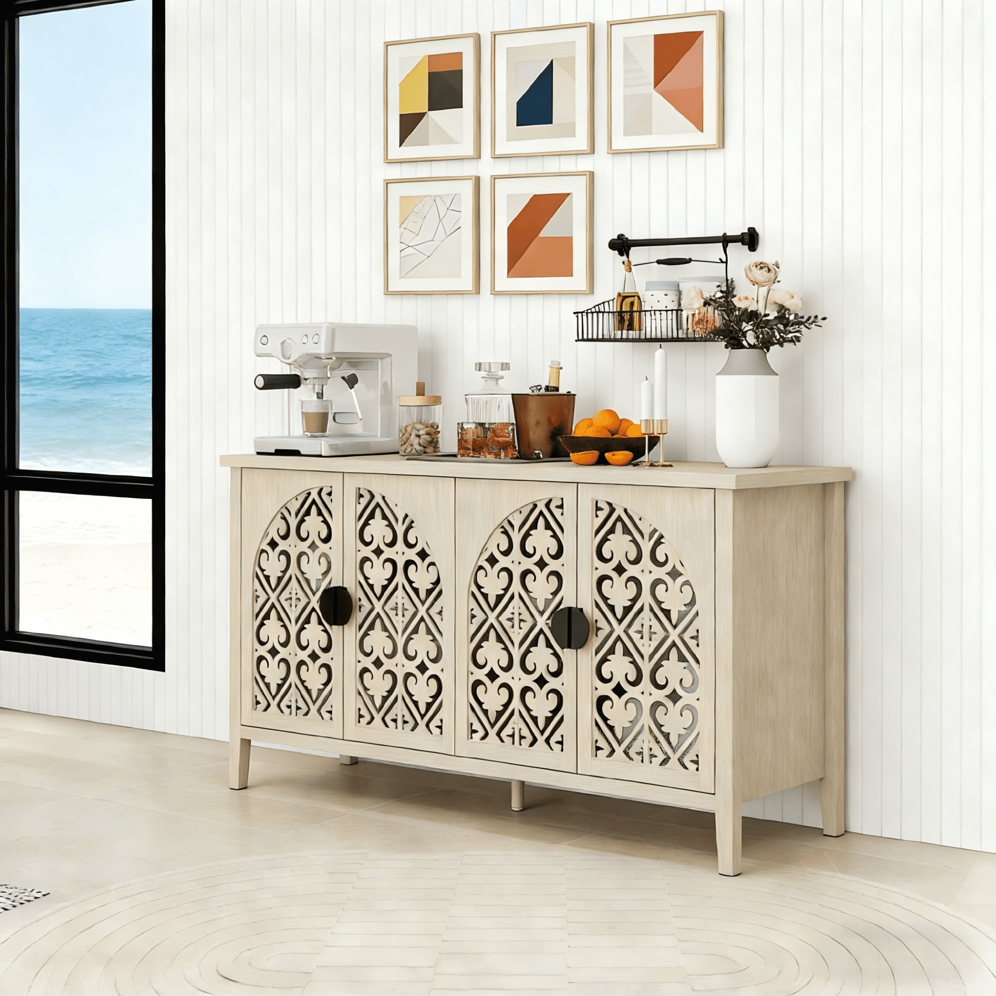 Gewnee Hollow-Design 4-Door Cabinet, Traditional American Furniture for Bedroom, Living Room and Study
