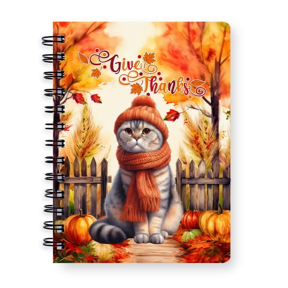 Happy Thanksgiving Scottish Fold Give Thanks Fall Beanie Scarf Welcome Spiral Bound Journal Cat Lover Kitten Owner Gifts 5x7in Spiral Notebook - 00020