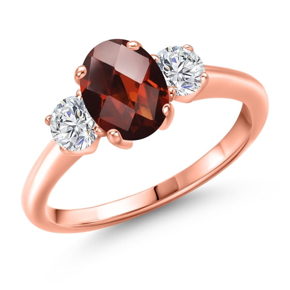 Gem Stone King 2.07 Ct Oval Checkerboard Red Garnet G/H Lab Grown Diamond 18K Rose Gold Plated Silver Ring