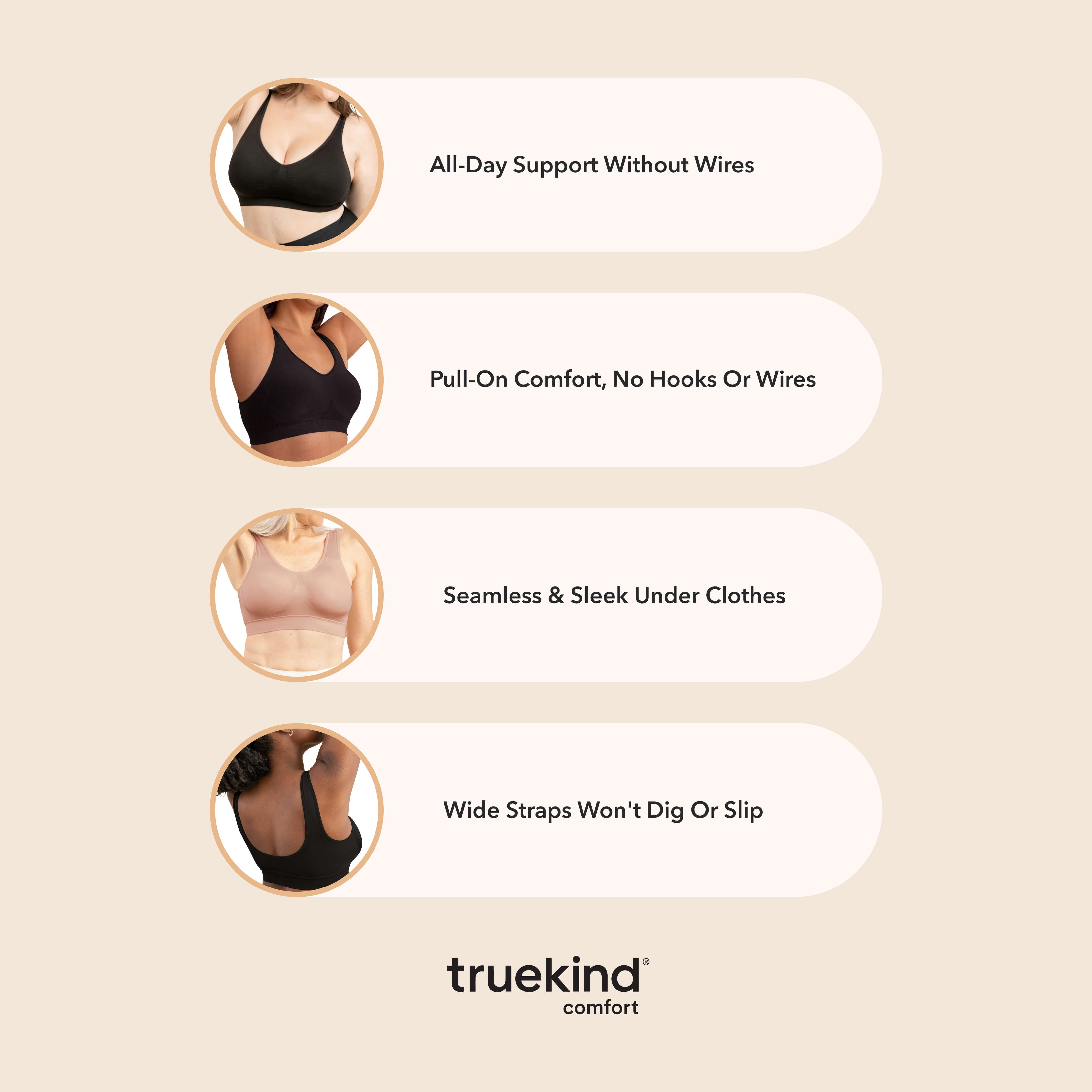 Truekind Comfort Throw-On Wireless Bra for Women – Seamless Pull-On Bra with Wide Straps & No Hooks for Everyday Comfort, Sizes S to 4XL