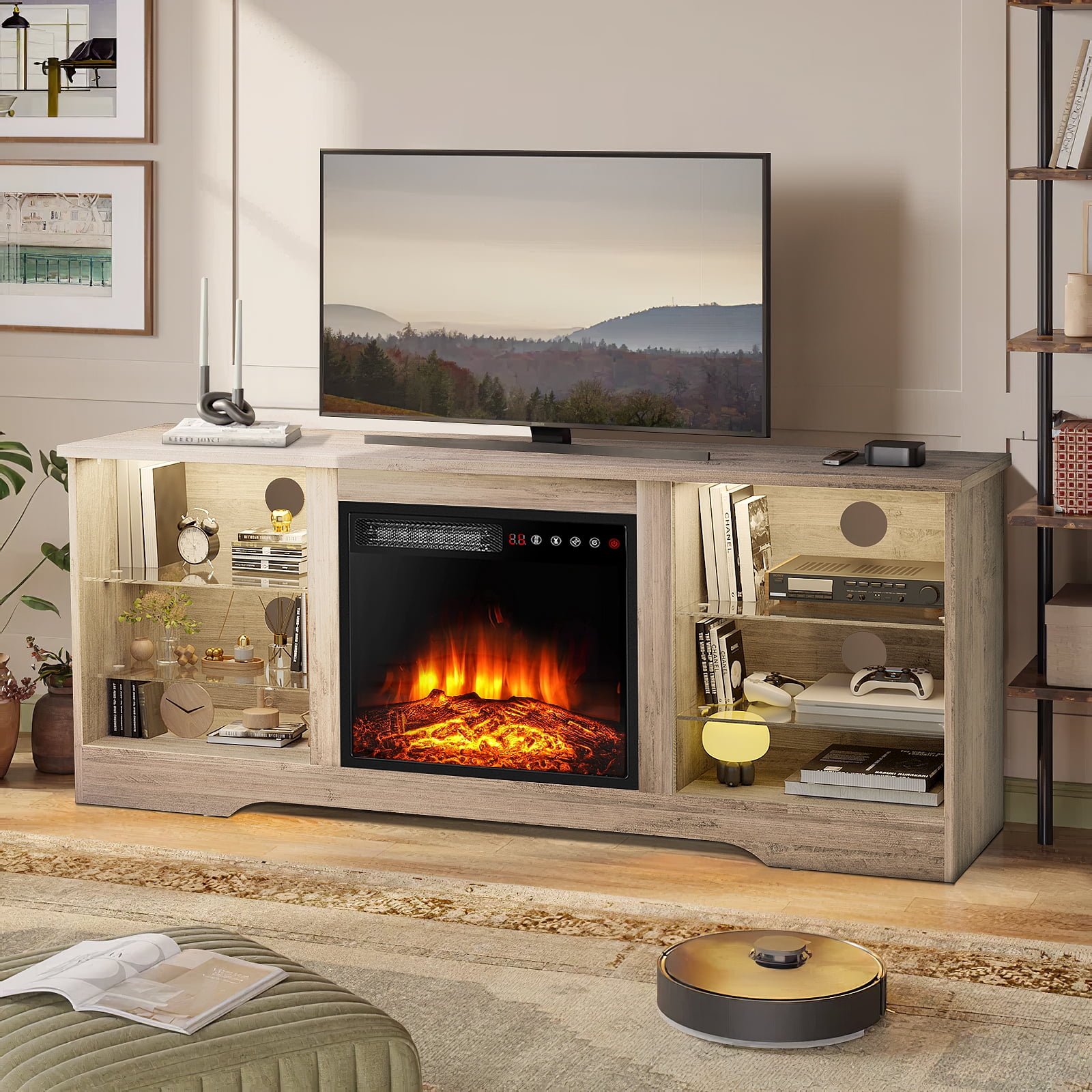 VITESSE 58 Inches TV Stand for TVs up to 65 Inches Console with 18'' Electric Fireplace ＆ Remote, Wooden Mid Century Modern Entertainment Center for Living Room with LED Light Glass Shelves
