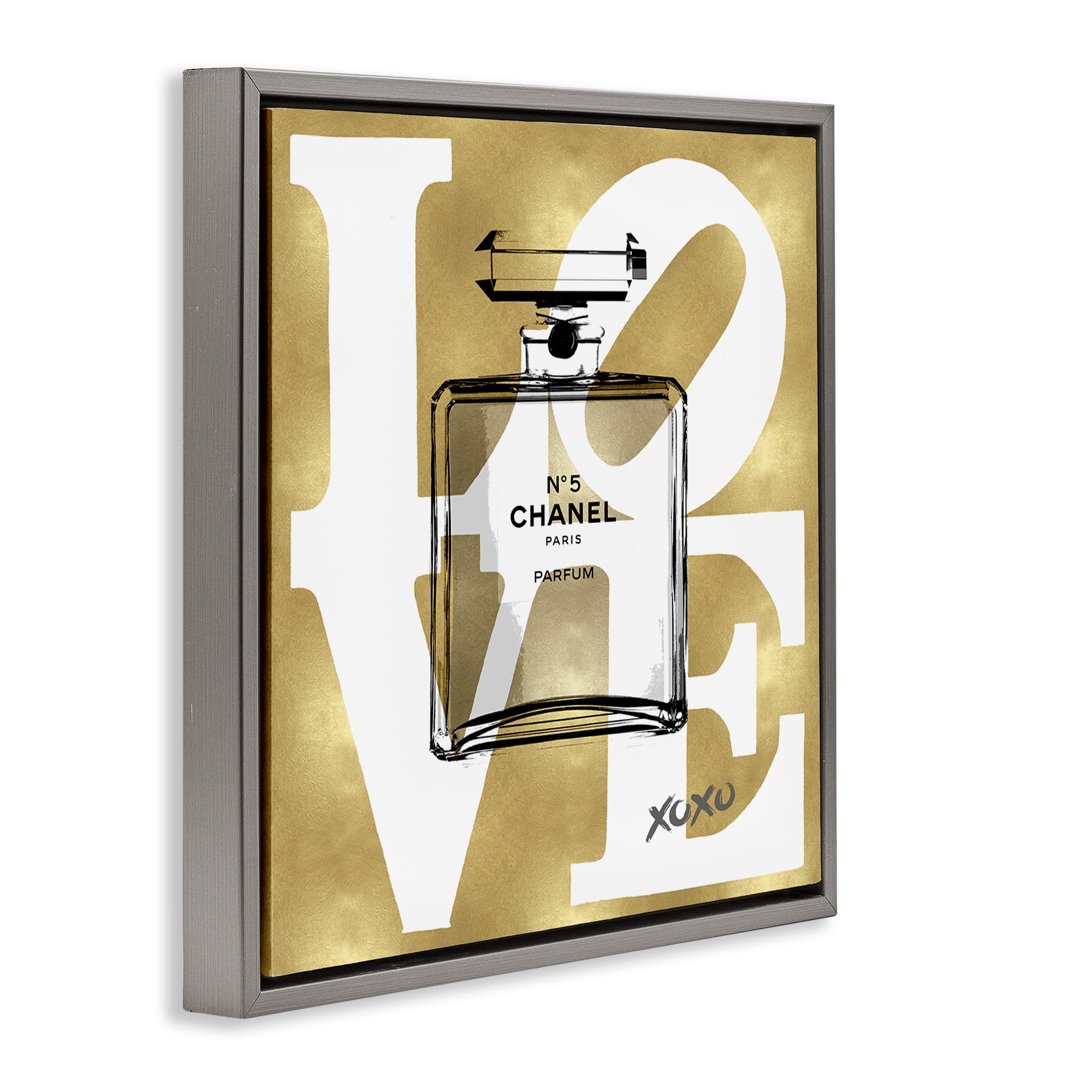 Stupell Industries Gold & White Love Perfume Fashion Painting Gray Floater Framed Canvas Art Print Wall Art, 18 x 18