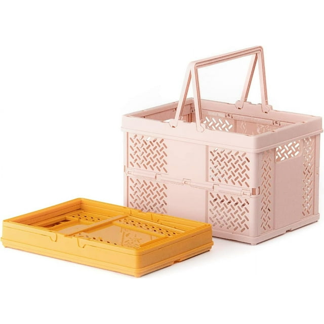 HUGFEGWE 2-Pack(9.25"x6.1"x6.7") Storage Crates Plastic Baskets With Handle For Desktop Shelf Drawer, Stackable Folding Containers Baskets for Kitchen Classroom Bedroom Bathroom Office(Orange Pink)