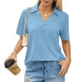 thumbnail image 2 of Qwertyu Women Polo Shirts Fitted Dressy Collared Short Sleeve Shirt Women V Neck Spring Business Office Work Blouses Sky Blue L, 2 of 6