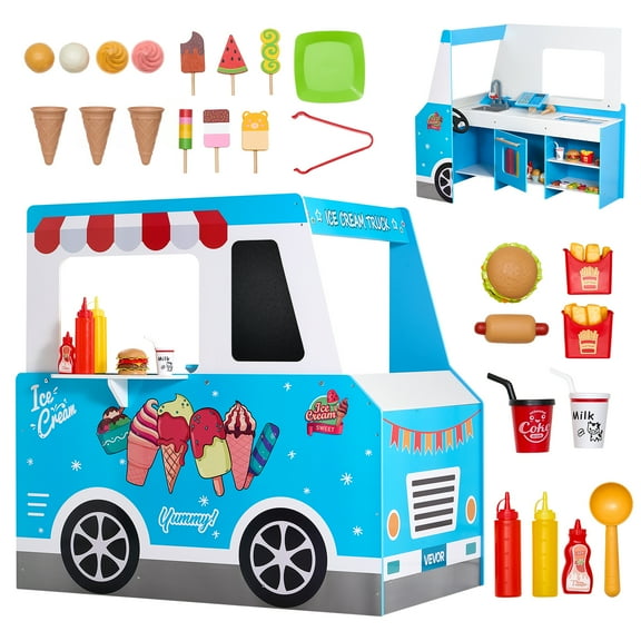 VEVOR Ice Cream Cart for Kids, 20  PCS Ice Cream Truck Wooden Playset, Pretend Play Stand with Steering Wheel & Chalkboard, Payment Scanner & Freezer, Faucet & Sink, Suitable for Kids 3-7 Years Old
