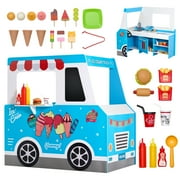 VEVOR Ice Cream Cart for Kids, 20+ PCS Ice Cream Truck Wooden Playset, Pretend Play Stand with Steering Wheel & Chalkboard, Payment Scanner & Freezer, Faucet & Sink, Suitable for Kids 3-7 Years Old