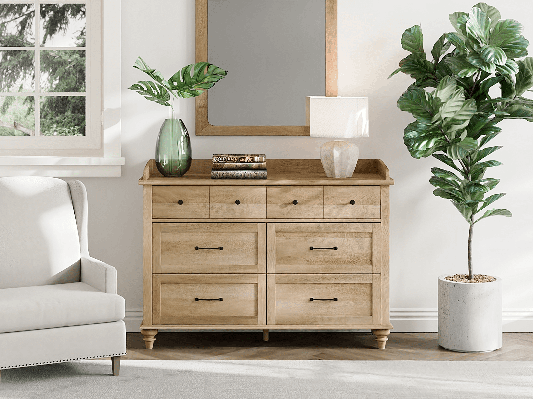 Wood Kids Dresser with 6 Drawers, Oak Nursery Dresser Chest of Drawers, Mid-Century Dresser for Bedroom