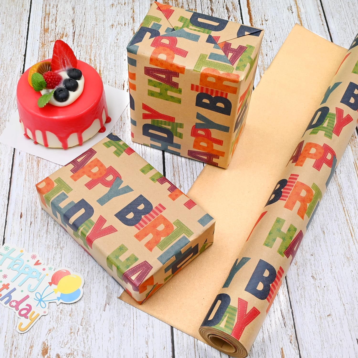 Kraft Wrapping Paper Roll Colorful Text Happy Birthday Design Perfect for Birthday Party Holiday Gift Wrap 17 inch X 50 feet