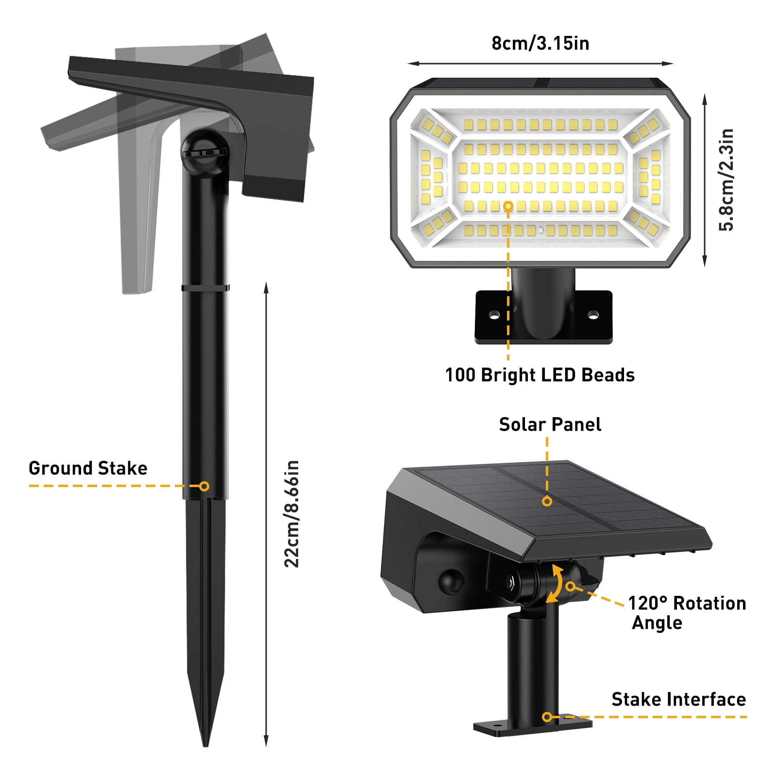 Solar Spot Lights Outdoor [12 Pack, IP65] - 100 High-Lumen LEDs, 4 Modes & 2-in-1 Design. Auto On/Off Cool White Landscape Lights for Yard, Garden, Pathway.