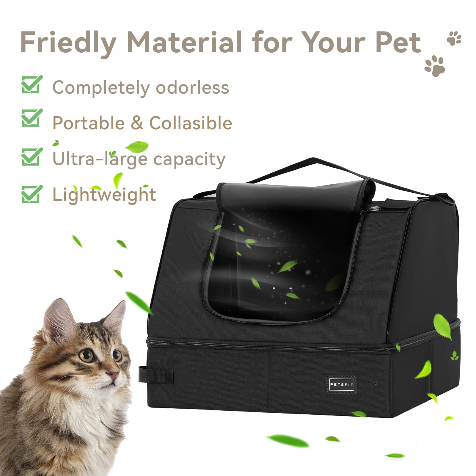 PETSFIT Portable Cat Litter Box,Covered Travel Litter Boxes for Cats,Machine Wash,Leak-Proof, Foldable ,Black