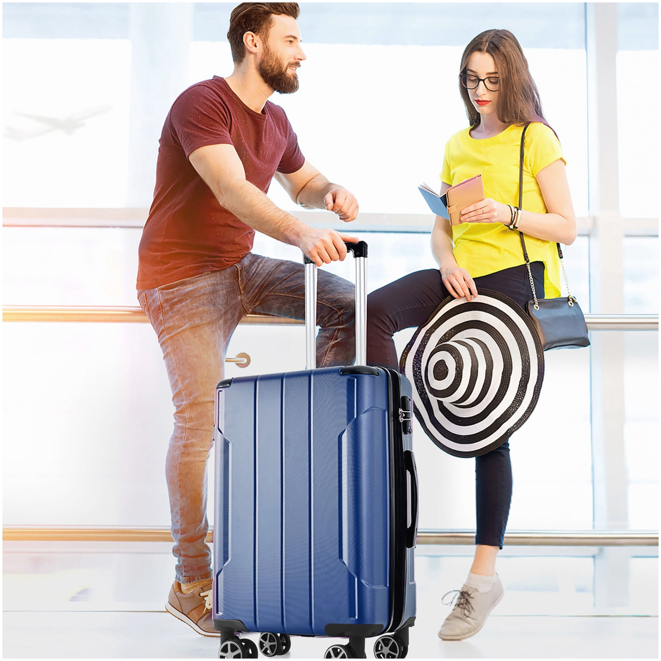 28" Blue Expandable Check-in Suitcase, Durable ABS Hardshell Luggage with TSA Lock & 8 Wheels
