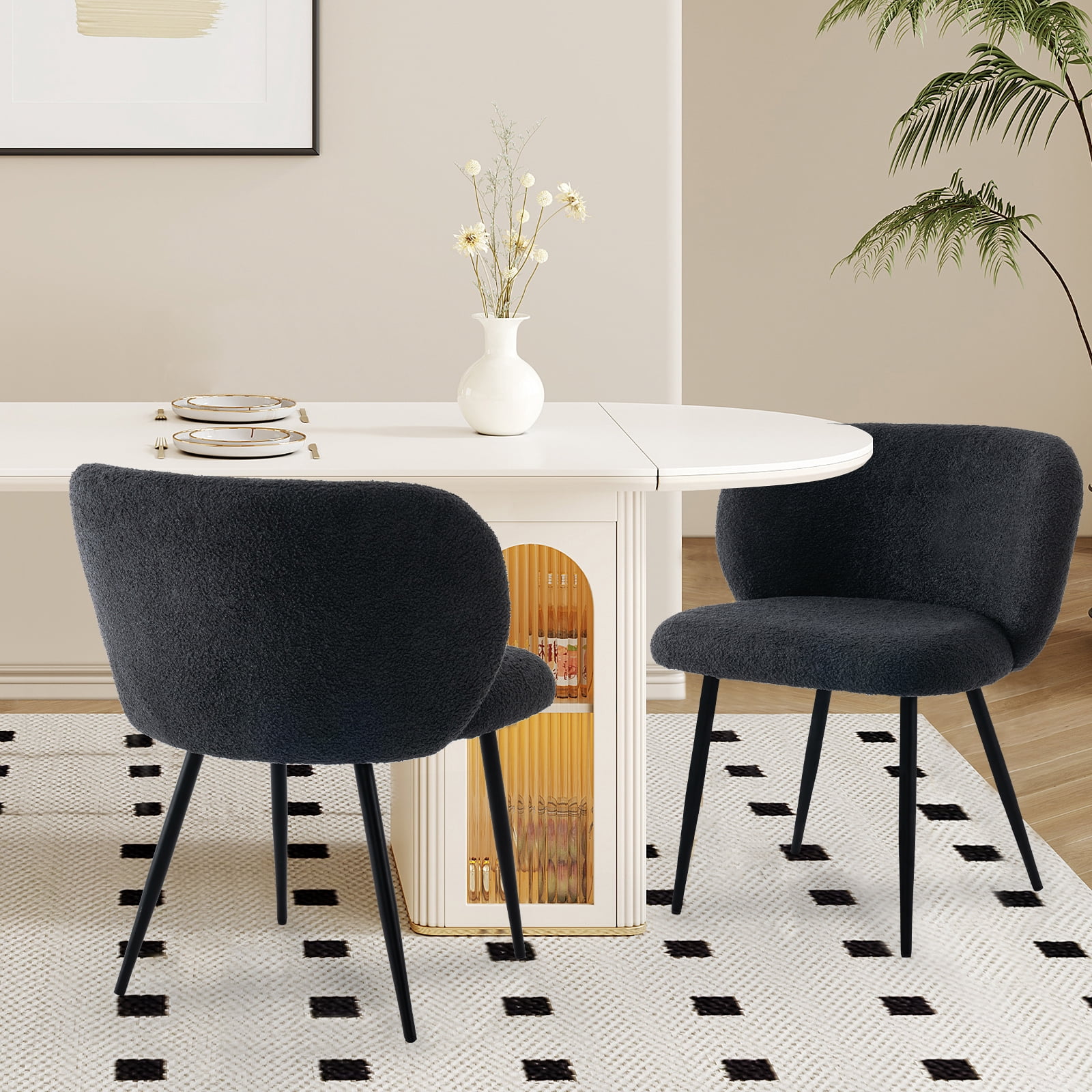 Rongbuk Modern Teddy Dining Chairs Set of 2, Comfy Kitchen Armless Chairs with Thick Cushions, Wingback Chair, Upholstered Dining Room Chairs with Metal Legs for Dining Room, Living Room, Black