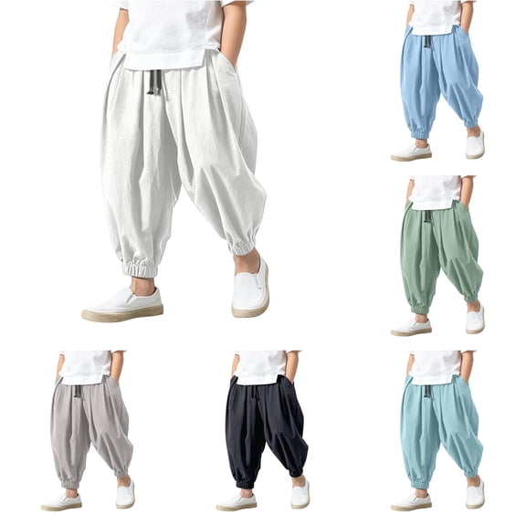 FYDUU Boys Harem Pants Baggy Elastic Waist Wide Leg Trousers Casual Beach Pants Solid Color Lightweight Harem Trousers with Pockets Stylish Pants 4-5 Years