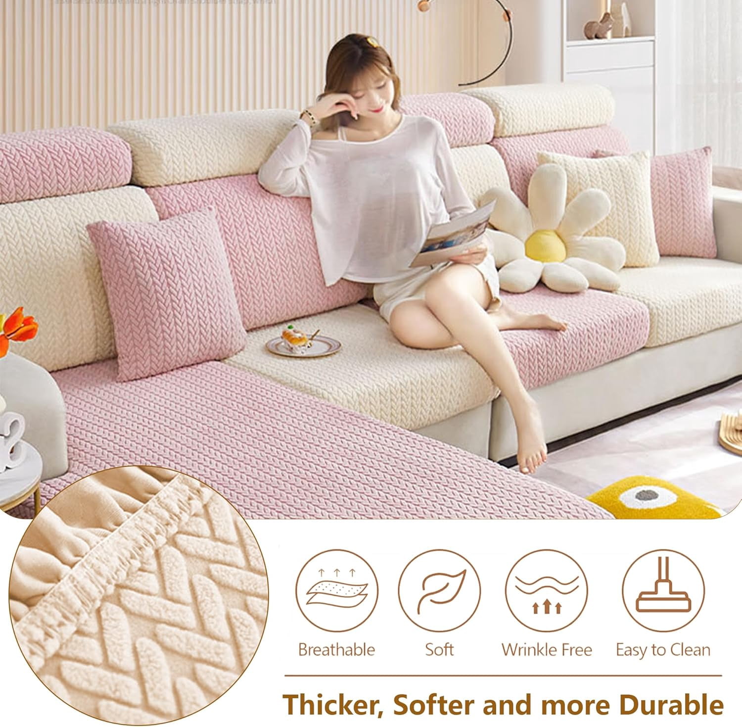 Sofa Covers Sectional Couch Covers:Washable Stretch Sofa Slipcovers,Wear-Resistant Universal Couch Cushion Replacement,3D Jacquard Velvet Magic Sofa Covers (Beige, Large Triple Seat Cover)