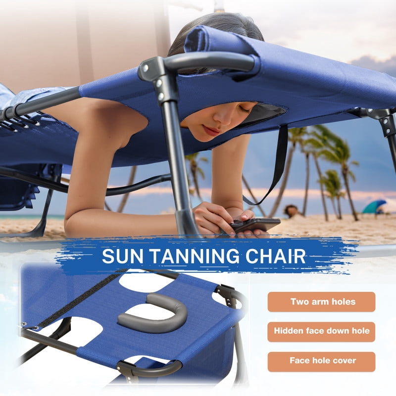 Vineego Folding Chaise Lounge Chair with Face Hole for Tanning, 5-Position Adjustable Textilene Outdoor Sunbathing Chair, Face Down Patio Pool Lounge Chair with Side Pocket & Pillow, Blue