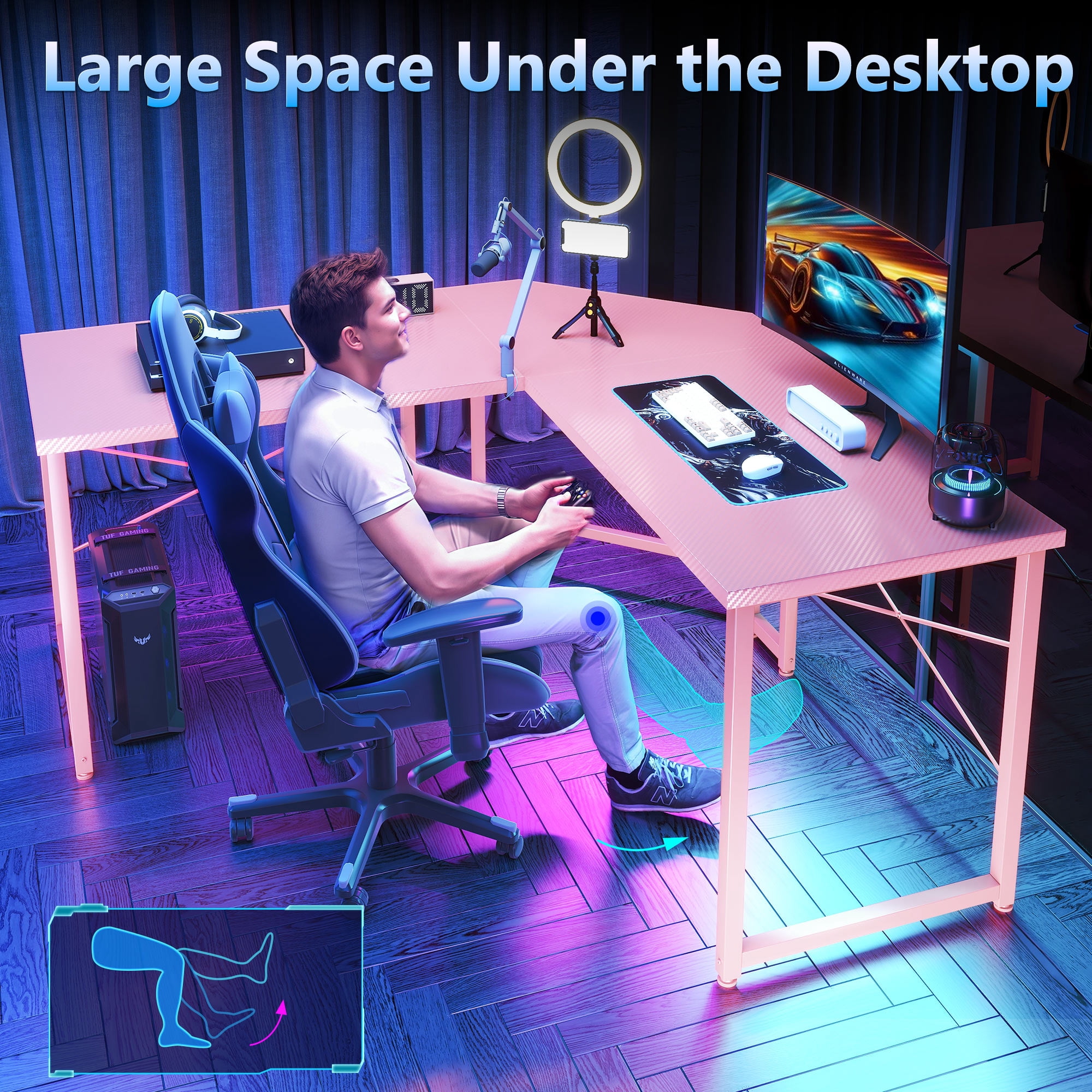 Casacomoda Computer Desk L Shaped, 51 Inch Reversible L Shaped Desk, Gaming Desk, Home Office Desk, Pink
