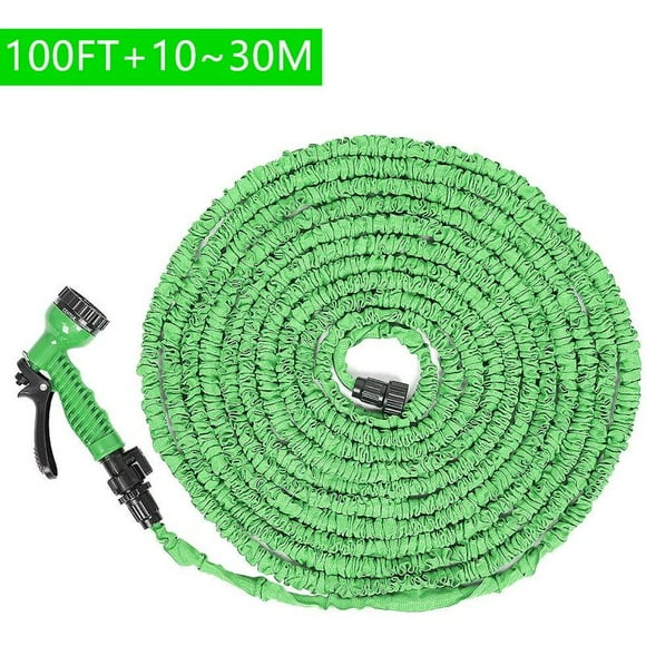 Garden Hose, 100FT Retractable Garden Hose + 7 Function Spray Gun, Expandable Garden Hose Up to 3 Times, Green