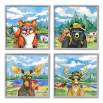 Stupell Industries Happy Camper Woodland Animals Painting Gray Framed Art Print Wall Art, Set of 4, Design by Paul Brent