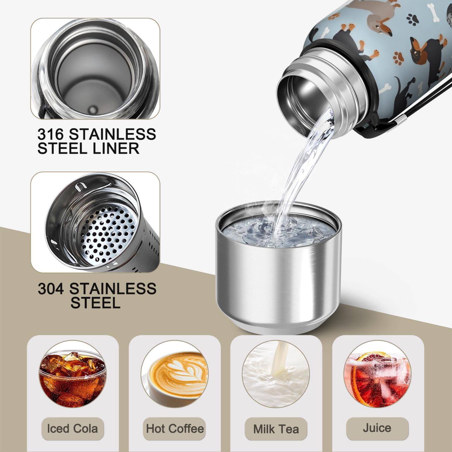 20 Oz Cute Dachshund and Dog Footprint Coffee Tumbler Double Wall Insulated Stainless Steel Water Bottle | Metal Reusable Thermoses Flask with Cup Cap | Leak & Sweat Proof with Anti-Dust Lid