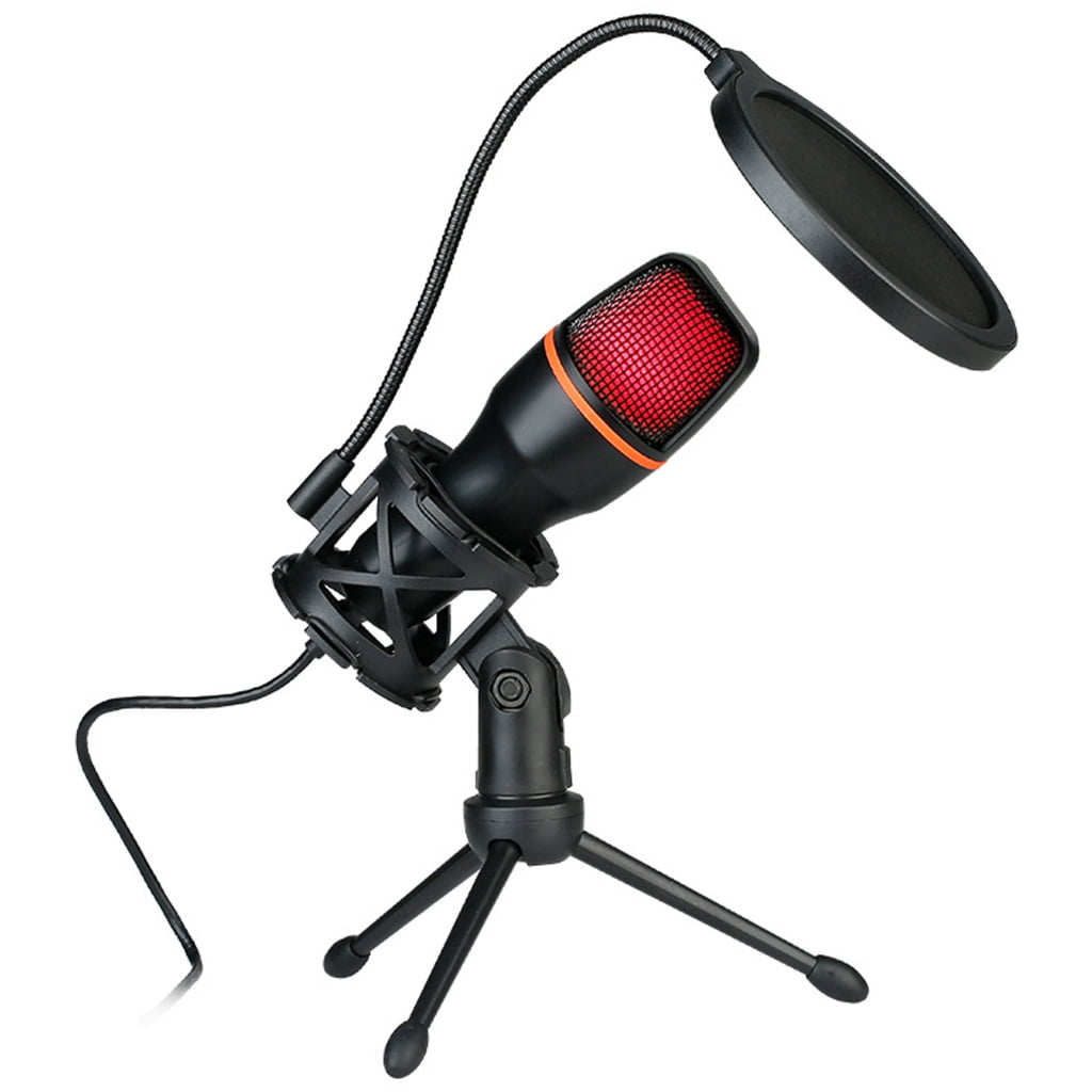 LED Condenser Microphone Professional Mic for Gaming Karaoke Singing and Recording with Stand Plug and Play
