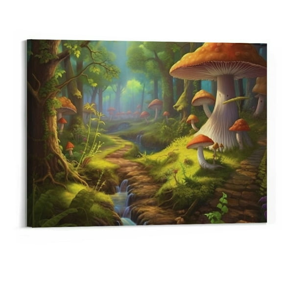 Shiartex Fantasy Mushroom House Fantasy Forest Poster Canvas Print Wall Art Holiday Gift Bathroom Living Room Bedroom Home Decor ((20x16 Inch) Framed)
