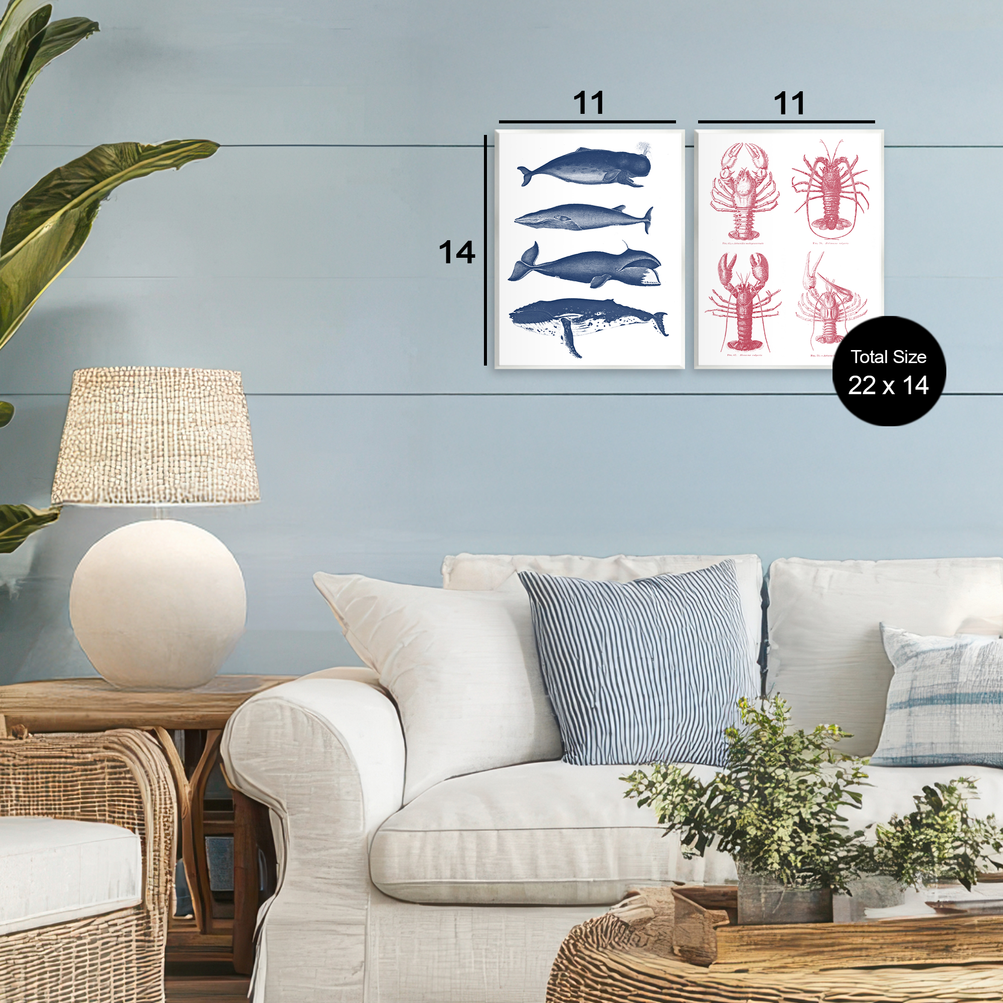 Marine Whales & Lobsters 2 Piece Wall Plaque Art Set, design by Lettered and Lined